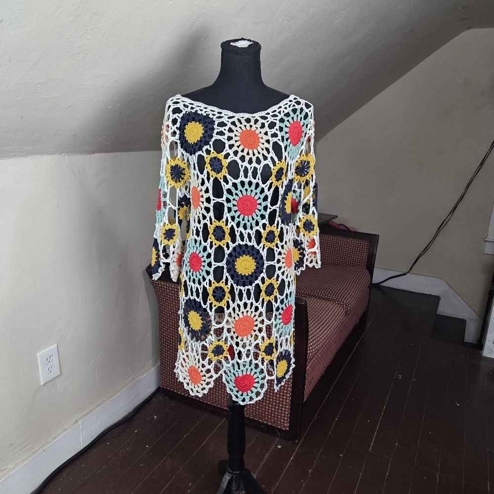 Apricot Crochet Granny Square Dress Tunic Multicolor Long Sleeve Size M